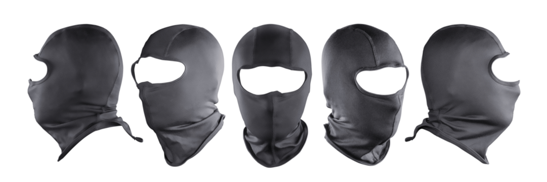 Black full face mask (balaclava) different views set. Isolated png with transparency