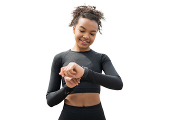 Female athlete in a sports suit transparent background. Fitness Watch