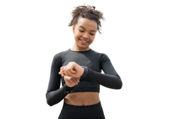 Female athlete in a sports suit transparent background. Fitness Watch