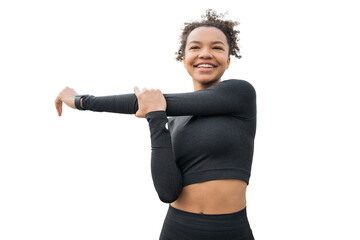 Female athlete in a sports suit transparent background. Does exercises