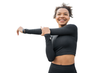 Female athlete in a sports suit transparent background. Does exercises