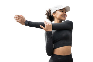 Female athlete in a sports suit transparent background. Does exercises - obrazy, fototapety, plakaty