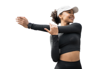 Female athlete in a sports suit transparent background. Does exercises