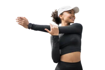 Fotobehang Female athlete in a sports suit transparent background. Does exercises © muse studio