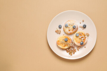 Concept of tasty sweet food, cheese pancakes, space for text