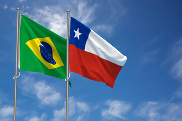 Federative Republic of Brazil and Republic of Chile Flags Over Blue Sky Background. 3D Illustration