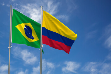 Federative Republic of Brazil and Republic of Colombia Flags Over Blue Sky Background. 3D Illustration