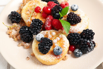 Concept of tasty sweet food, cheese pancakes, close up