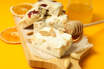 Concept of tasty food, nougat, close up
