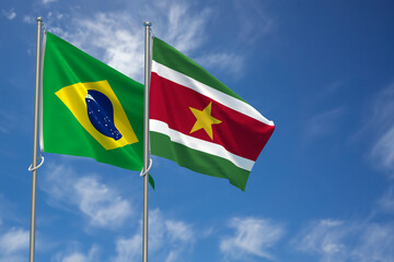 Federative Republic of Brazil and Republic of Suriname Flags Over Blue Sky Background. 3D Illustration