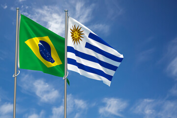 Federative Republic of Brazil and Oriental Republic of Uruguay Flags Over Blue Sky Background. 3D Illustration