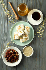 Concept of tasty food, nougat, top view