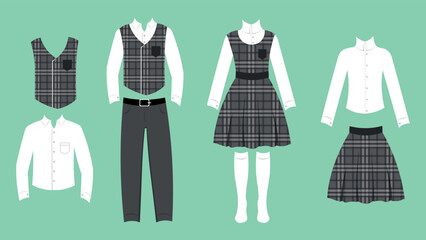 Set school uniforms for a boy and a girl in a cartoon style. Vector illustration of vest,shirt and pants with belt, and blouse with sundress and stockings,blouse with skirt on green background.
