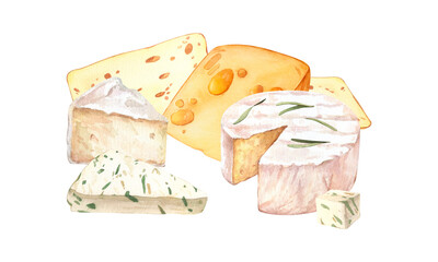 Cheeses with cutted pieces watercolor eimage. Creamy cutted brie or camembert cheese illustration. Delicious food image. French cuisine milk product. Tasty healthy cream organic snack
