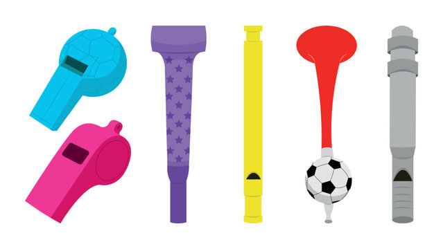Set of colored whistles in cartoon style. Vector illustration of coach whistles for sports competitions on white background.
