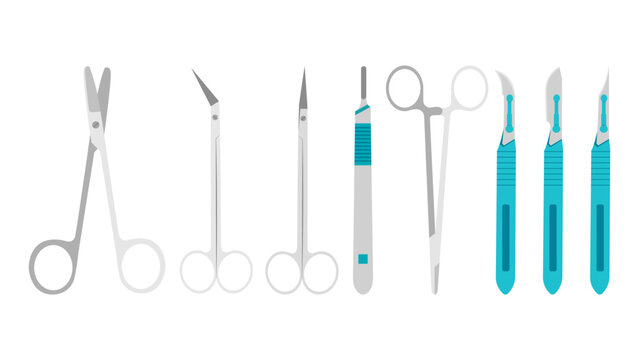 Set of surgical instruments in a flat style. Vector illustration of scissors of various shapes and purposes, scalpel on a white background.