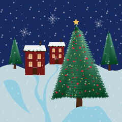 concept of a Christmas tree near houses, winter, holidays, night, snow