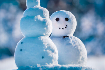 Obraz premium two snowmen in a snowy winter forest, generative AI