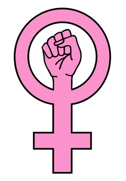 Female power, pink sign, a feminist symbol with a fighting hand, gender equality concept, women's rights, illustration over a transparent background, PNG image