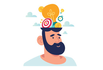 head idea light bulb creative thinking goal. brainstorming thought process. creative vector illustration. project team leader thinks out of the box to solve problems and find answers
