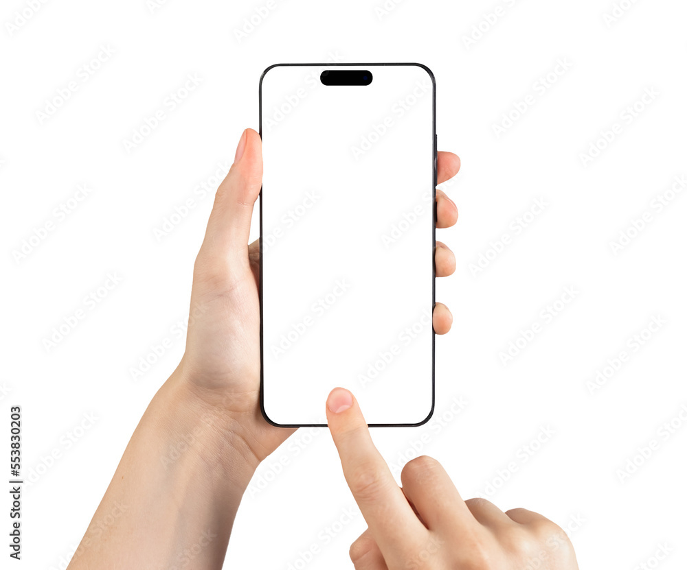 Poster mobile smart phone screen mock up, white smartphone display mockup in hand with finger tapping, poin