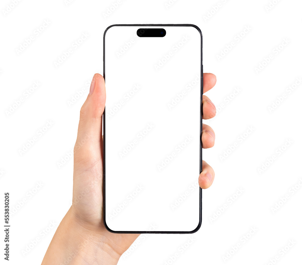 Poster mobile phone screen mockup, white smartphone display in hand. smart cell isolated on white backgroun