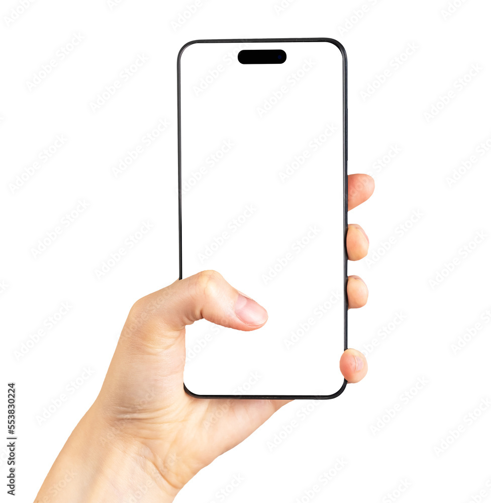 Poster Mobile smart cell phone screen mockup, white blank smartphone display mock up template in hand with finger thumb tapping isolated on white background