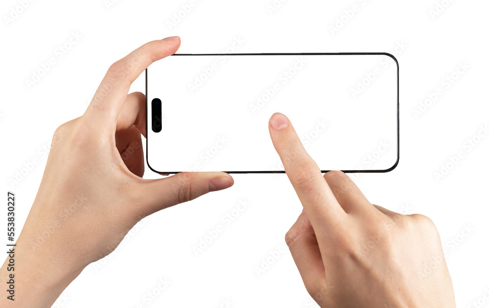 Poster mobile phone screen mock up. hand holding smartphone horizontal for video application ads isolated o