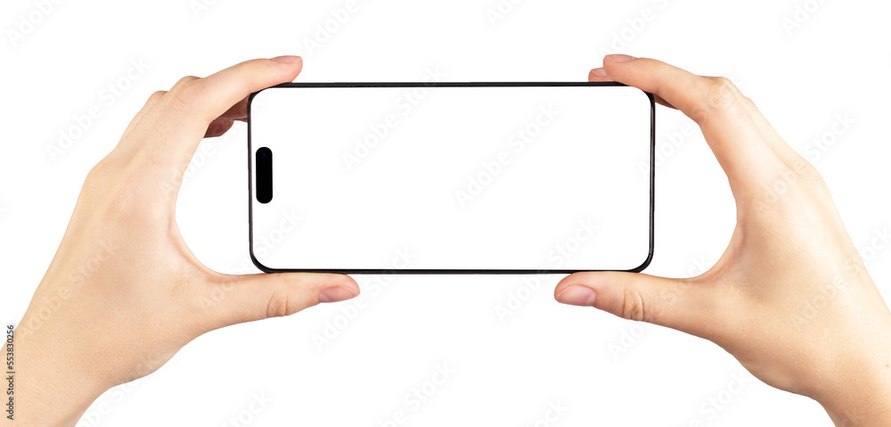 Poster mobile phone screen mockup. hand holding smartphone horizontally for video app ad isolated on white 