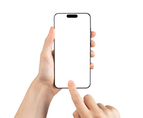 Mobile smart phone screen mock up, white smartphone display mockup in hand with finger tapping, pointing isolated on white background - obrazy, fototapety, plakaty