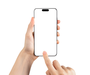 Mobile smart phone screen mock up, white smartphone display mockup in hand with finger tapping, pointing isolated on white background