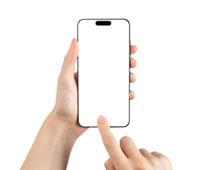 Fotobehang Mobile smart phone screen mock up, white smartphone display mockup in hand with finger tapping, pointing isolated on white background © valiantsin