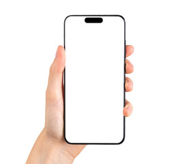 Mobile phone screen mockup, white smartphone display in hand. Smart cell isolated on white background - obrazy, fototapety, plakaty