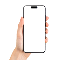 Mobile phone screen mockup, white smartphone display in hand. Smart cell isolated on white background