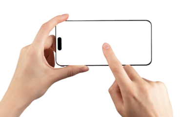 Mobile phone screen mock up. Hand holding smartphone horizontal for video application ads isolated on white background, clicking with finger on display