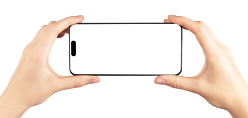 Mobile phone screen mockup. Hand holding smartphone horizontally for video app ad isolated on white background