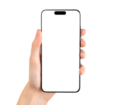 Mobile phone screen mockup, white smartphone display in hand. Smart cell isolated on white background