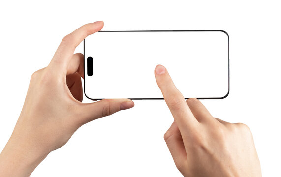 Mobile phone screen mock up. Hand holding smartphone horizontal for video application ads isolated on white background, clicking with finger on display