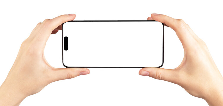 Mobile phone screen mockup. Hand holding smartphone horizontally for video app ad isolated on white background