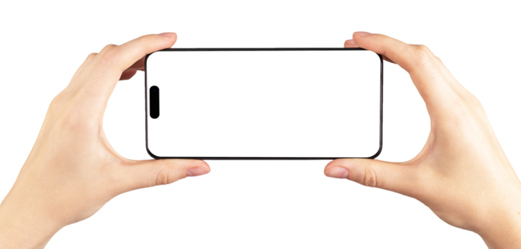 Mobile phone screen mockup. Hand holding smartphone horizontally for video app ad isolated on white background