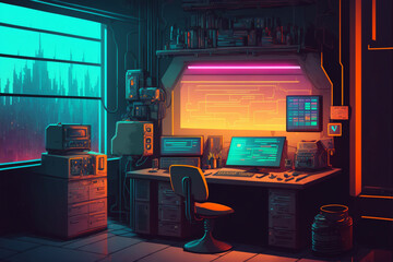 Colorful cyberpunk workspace with monitor and computer technology, Generative Ai. - obrazy, fototapety, plakaty