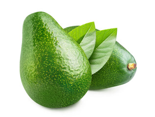 Two ripe green avocados with leaves, isolated on white background