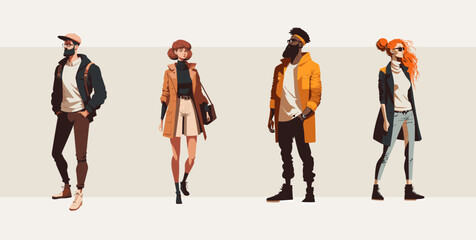 Fototapeta premium Collection of vector illustration characters, male and female cool urban stylish outfits, isolated on background. 