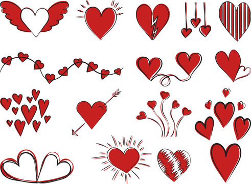 red hearts set sketch ,contour on white background isolated vector