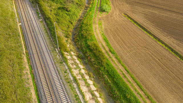 Aerial View On Two Train Tracks.
