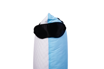 Personified blue quilted pillow with sleeping mask isolated on transparent background. Soft cushion for comfortable sleep and sweet dreaming