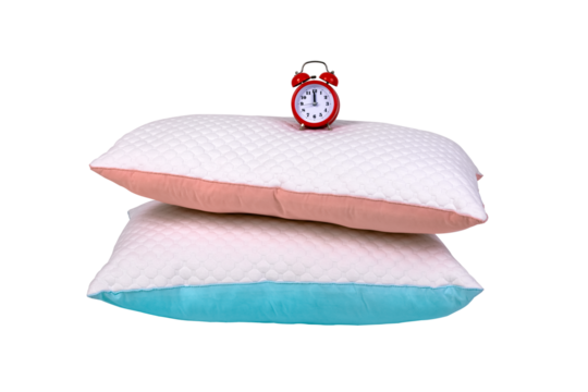 two modern pillows and red alarm clock isolated on transparent background, sleeping time concept