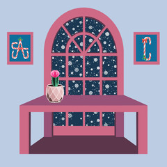 Room with a snowy window, a table and moon cactus in a ceramic pot vector illustration 