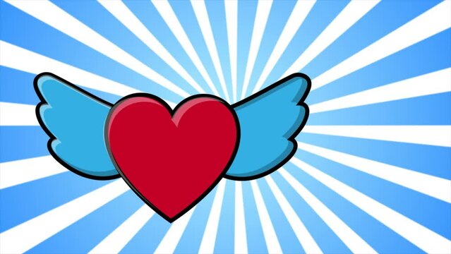 Festive red heart with angel wings of love for Valentine's Day on a background of blue rays. Abstract background. Video in high quality 4k, motion design