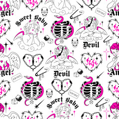 Vintage seamless pattern black and pink y2k art. Happy valentines day, weird goth love concept. Baby devil, heart, angel, fun cupid, skeleton. Vector glamour line art, tattoo background.
